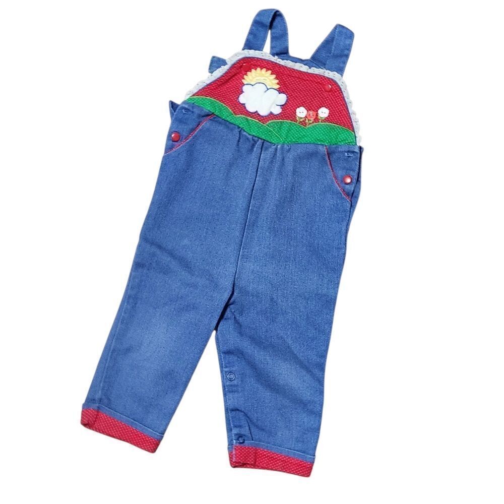 Vintage Toddler Overalls Size 18 Months Denim Cotton Colorful Embroidered Sunny